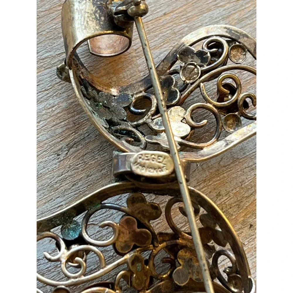 Pegel Gold Tone Filigree Bow Brooch Multi Stone Rhinestone Pin
